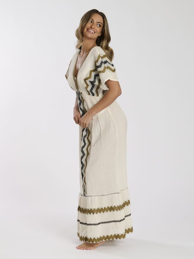 South Beach South Beach Women's V Neck Jacquard Maxi Dress in Cream - 2