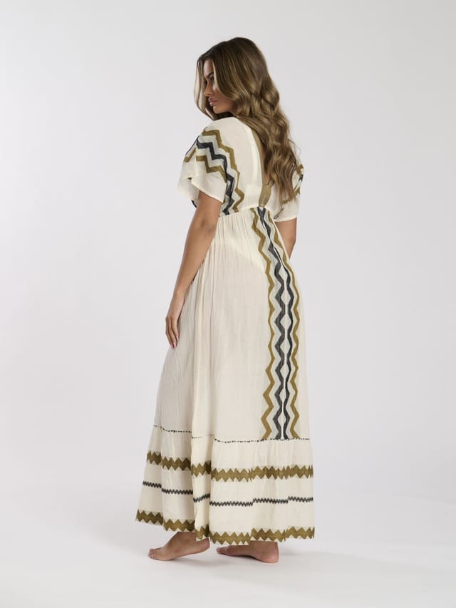 South Beach South Beach Women's V Neck Jacquard Maxi Dress in Cream - 3