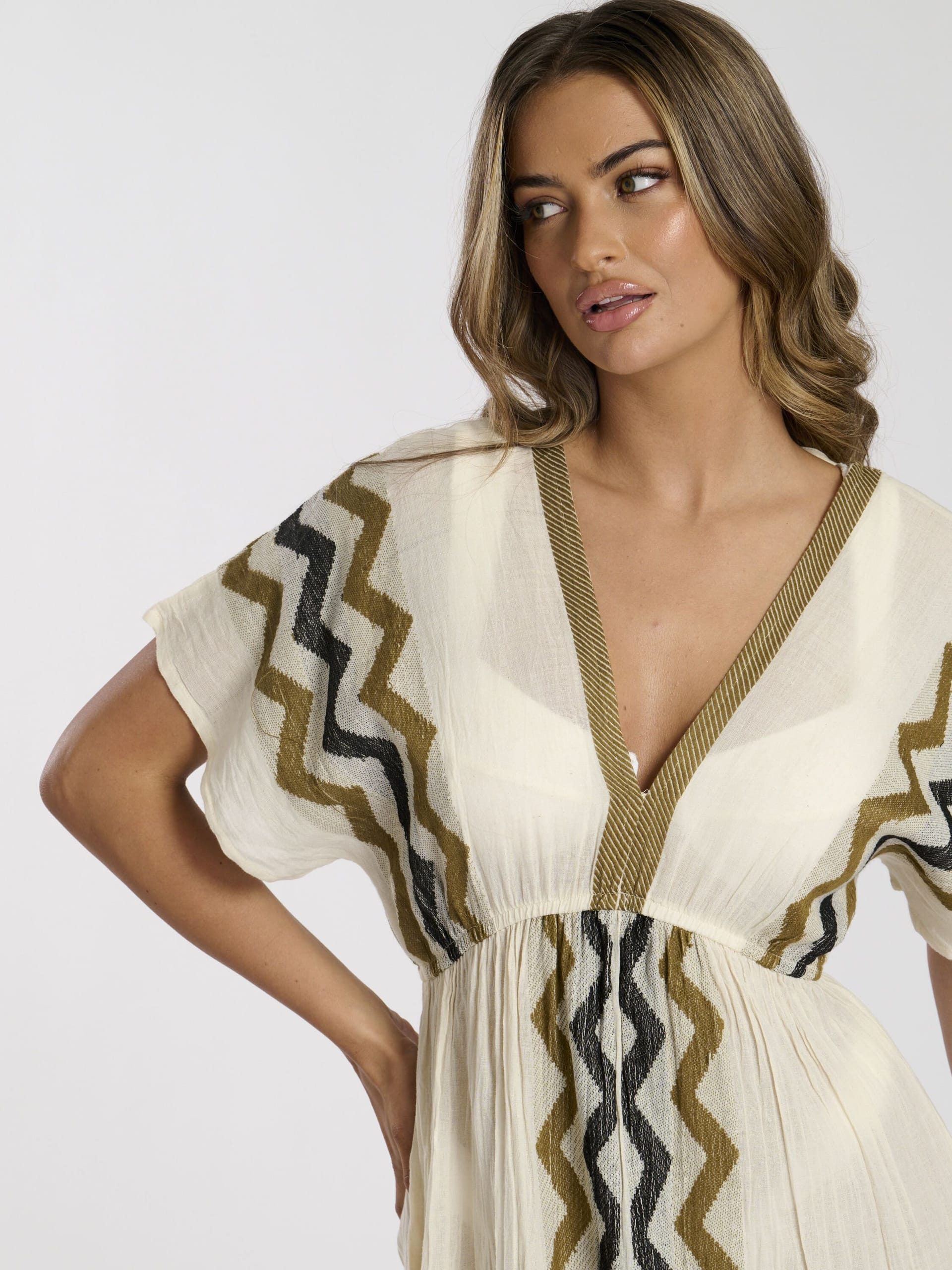 South Beach South Beach Women's V Neck Jacquard Maxi Dress in Cream - 4