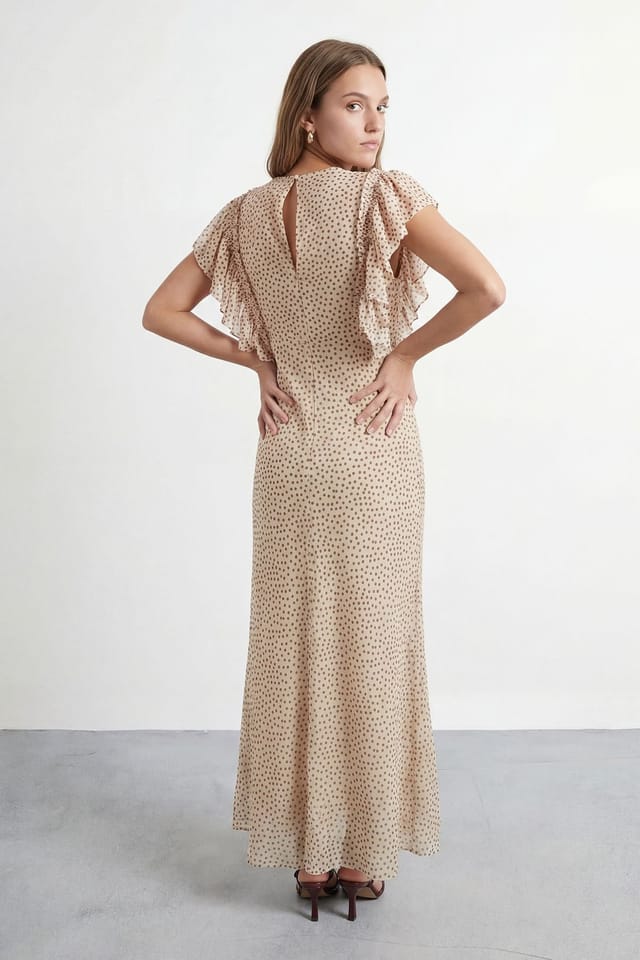 Warehouse Warehouse Women's Petite Polka Dot Print Ruffled Sleeve V Neck Maxi Dress in Ivory - 3