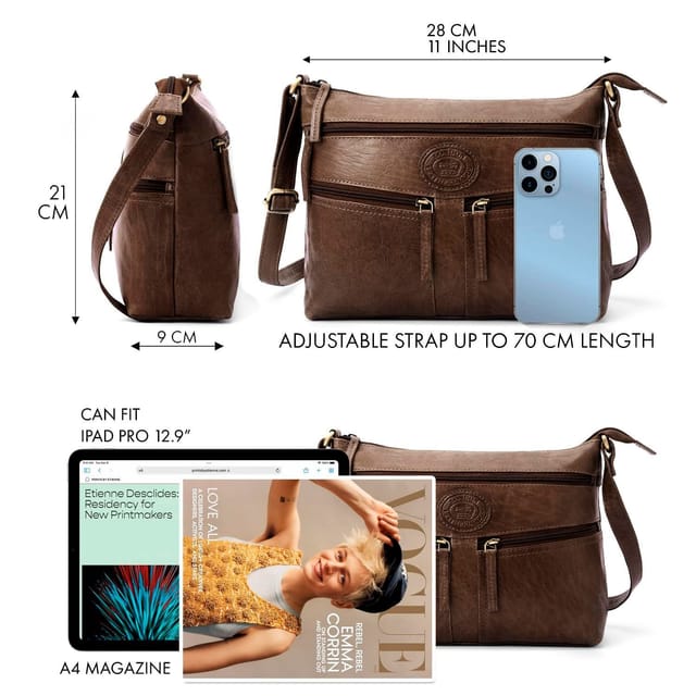 Woodland Leathers Woodland Leathers Women's Genuine Leather Multi Pocket Crossbody Soulder Bag in Dark Brown - 3
