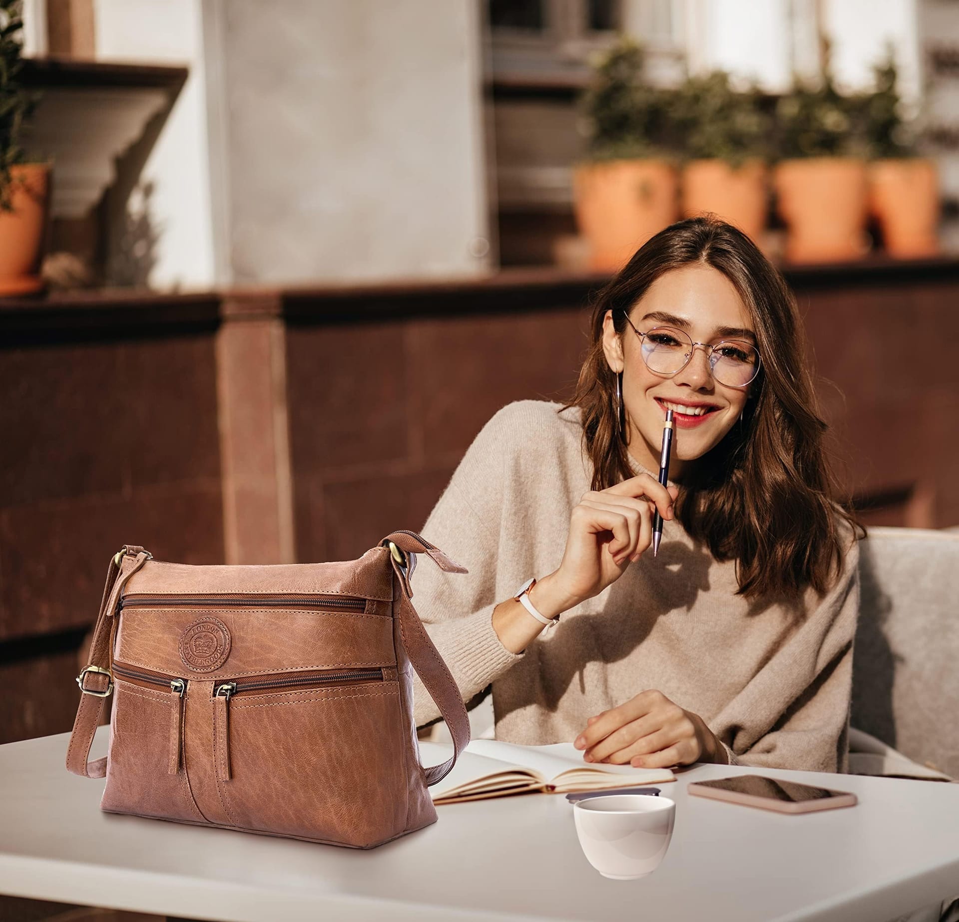Woodland Leathers Woodland Leathers Women's Genuine Leather Multi Pocket Crossbody Soulder Bag in Dark Brown - 4
