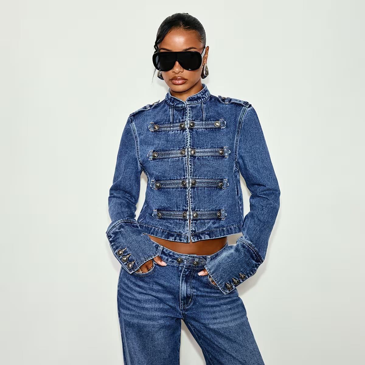 EGO Long Sleeve Military Style Hook And Eye Jacket In Mid Blue Denim, Women's Size UK 6