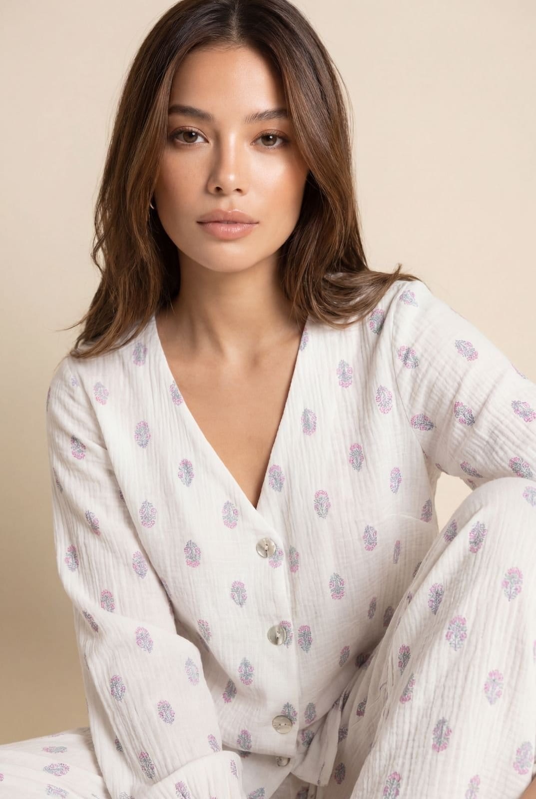 The Night Store The Night Store Women's Floral Muslin Pyjama Trouser Set in White - 4