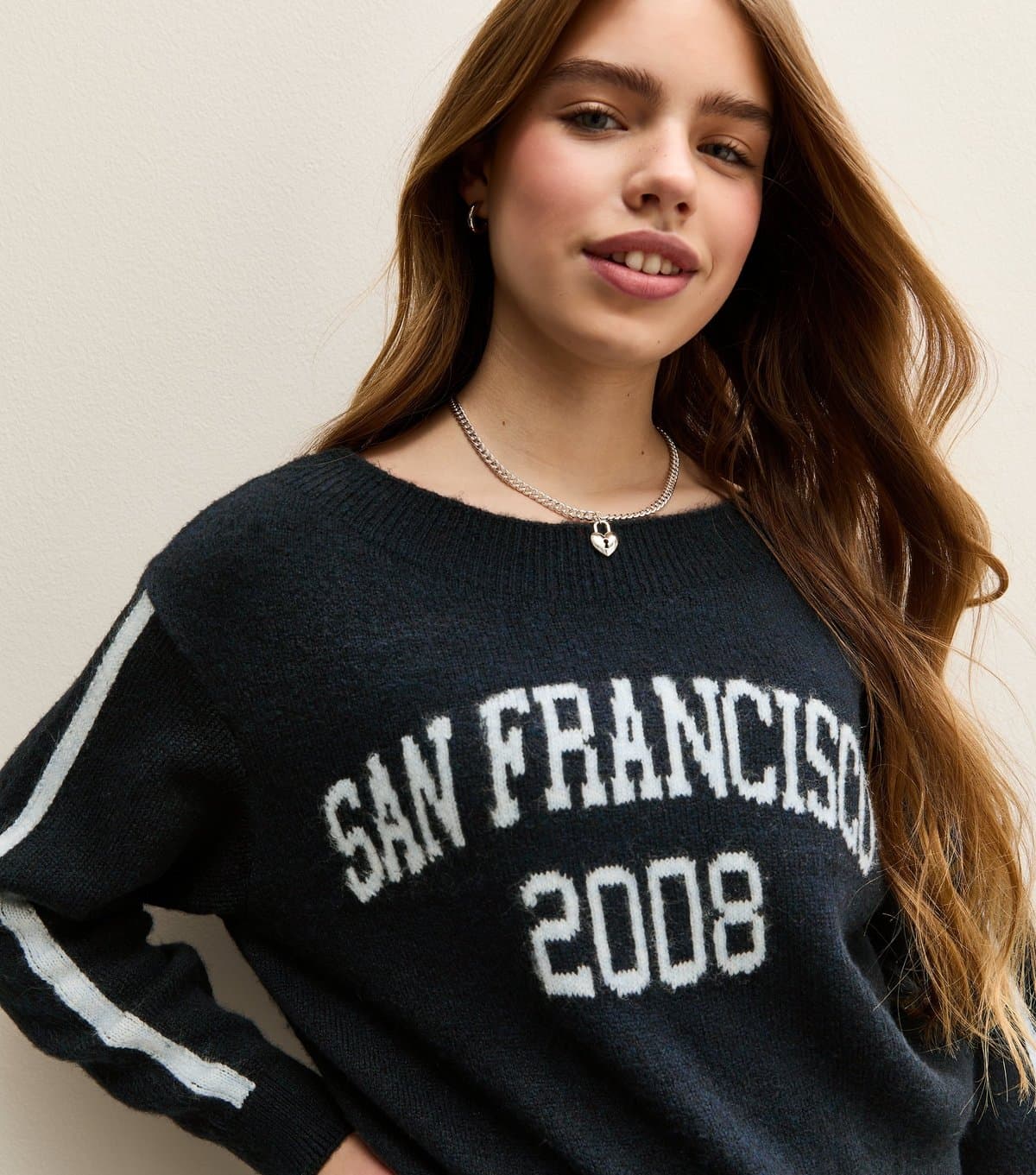 New Look Girls' Navy San Francisco Logo Slash Neck Jumper New Look