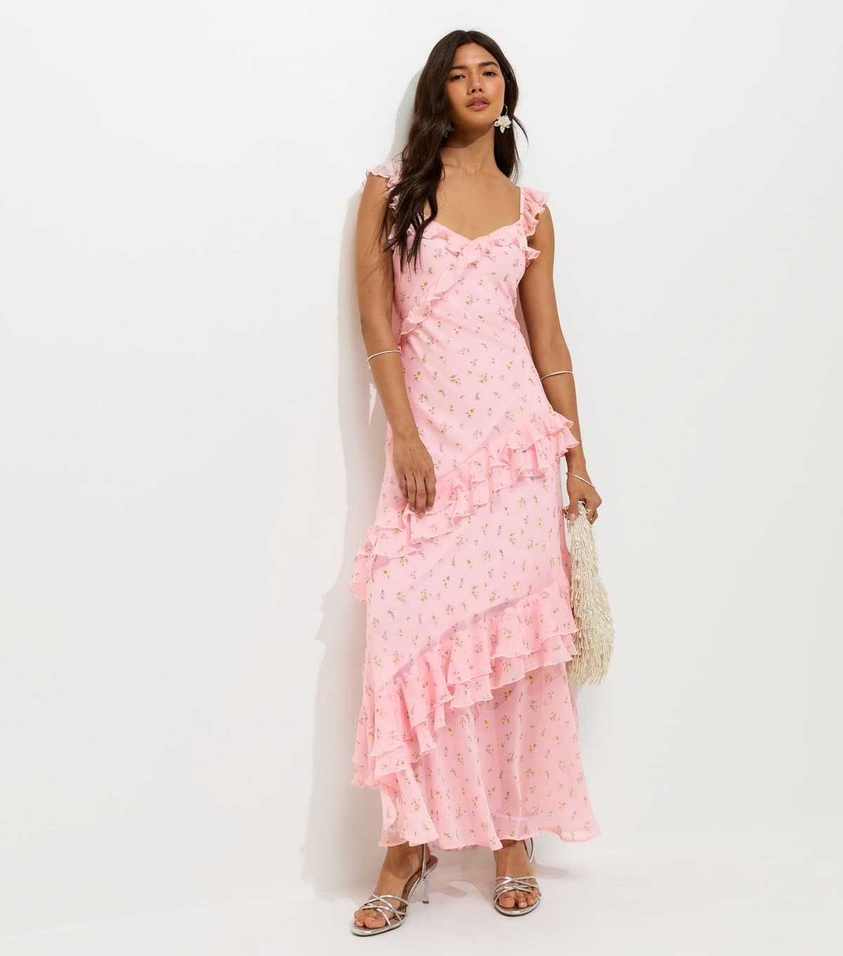 New Look Women's Pink Vintage Floral Print Ruffle Trim Maxi Dress New Look