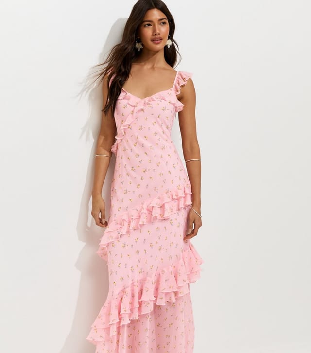 New Look Women's Pink Vintage Floral Print Ruffle Trim Maxi Dress New Look - 3