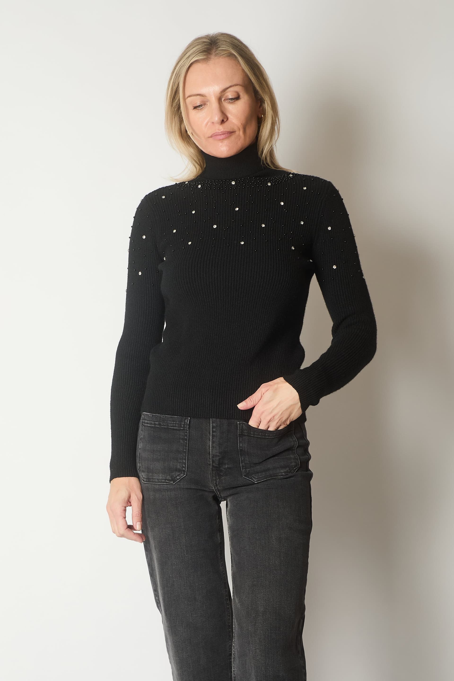 SOLO SOLO Women's Embellished Roll Neck Jumper in Black