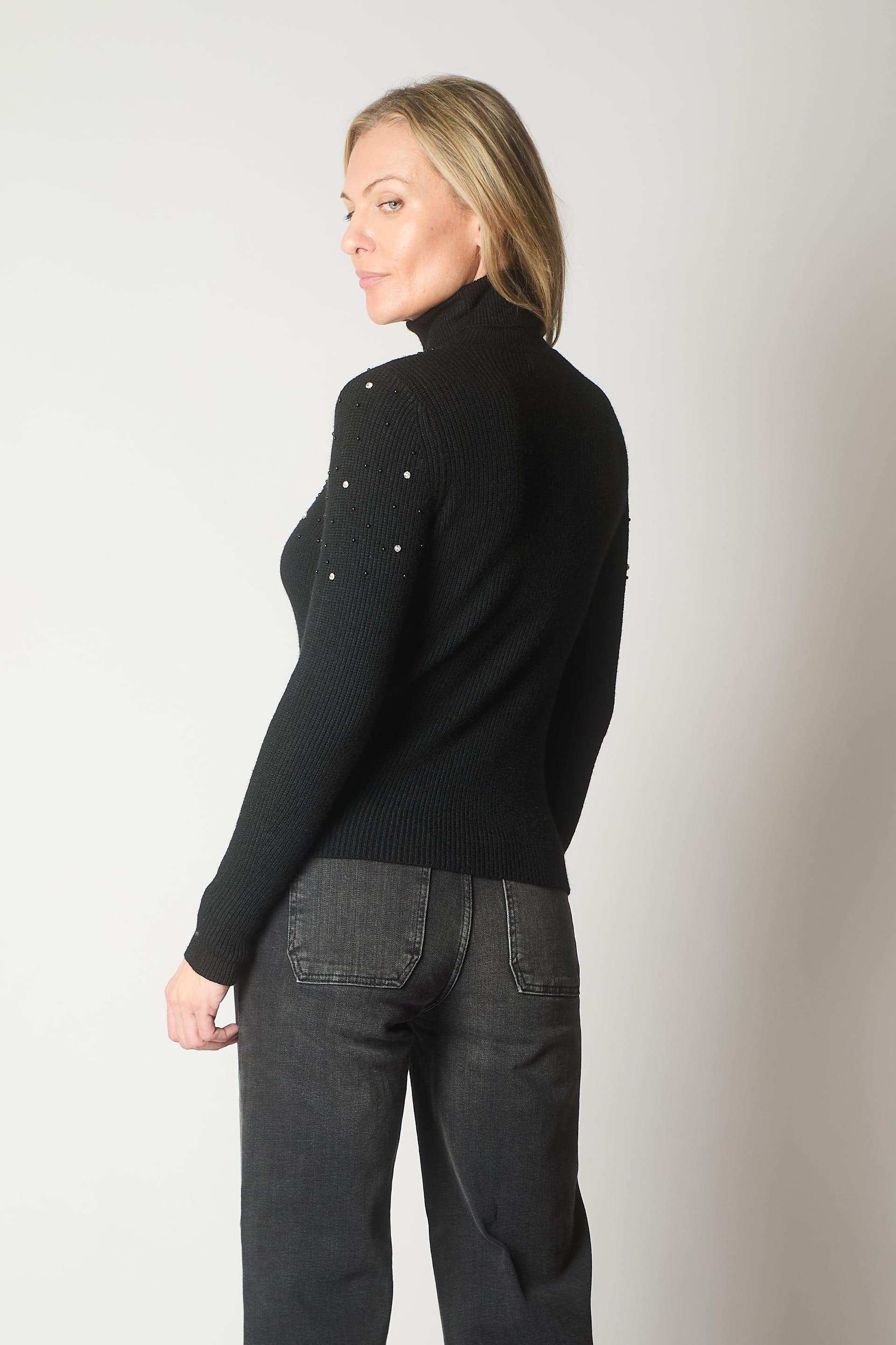 SOLO SOLO Women's Embellished Roll Neck Jumper in Black - 4