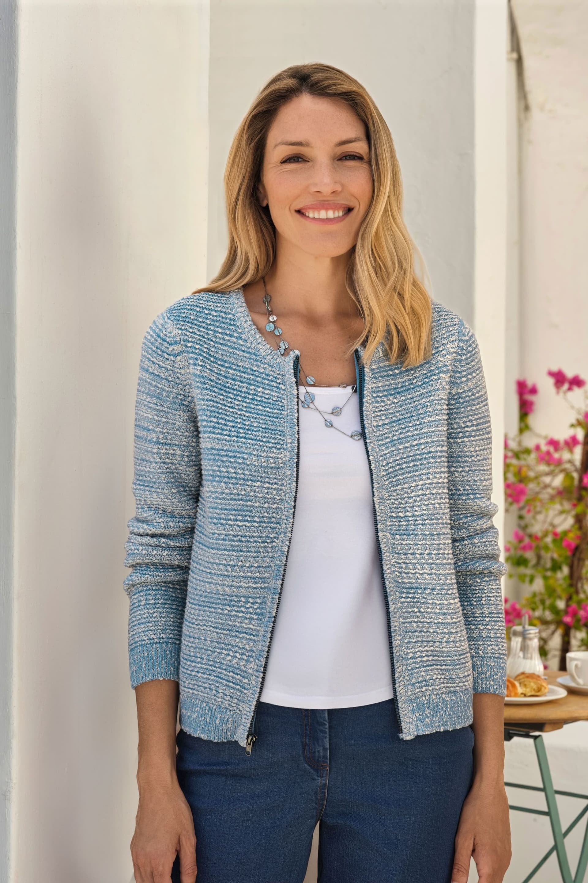 WoolOvers WoolOvers Women's Textured Yarn Zip Cardigan in Mid Blue