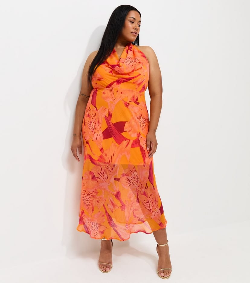 New Look Women's Plus Size Bright Orange Floral Halter Maxi Dress Curves New Look - 1