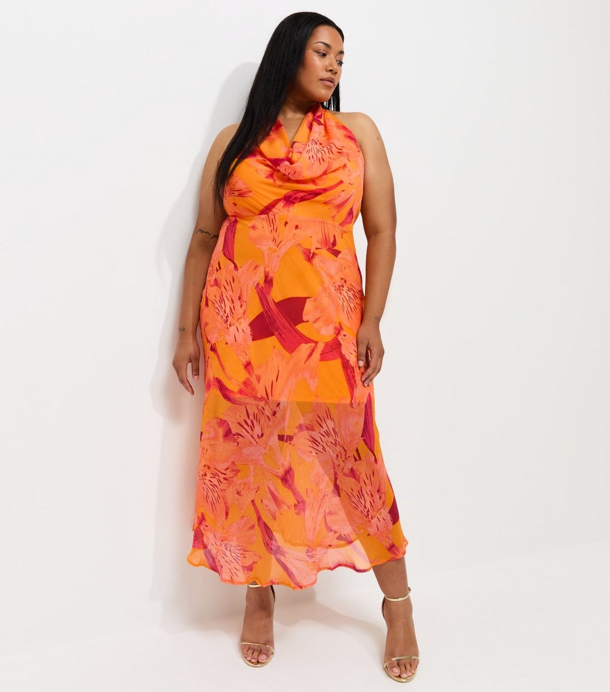 New Look Plus Size Bright Orange Floral Halter Maxi Dress