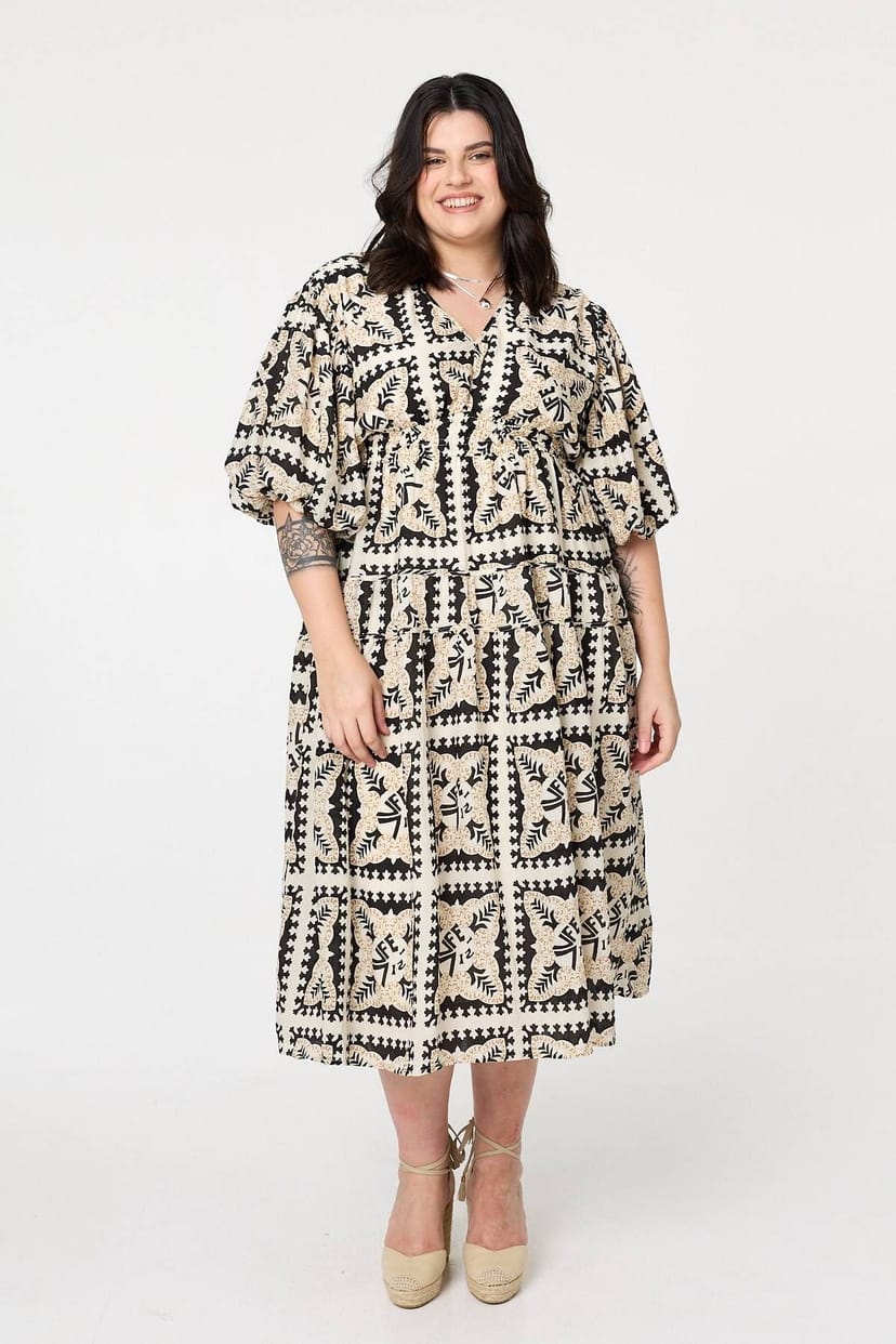 Izabel London Izabel London Women's Mosaic Print 1/2 Puff Sleeve Midi Dress in Black - 1