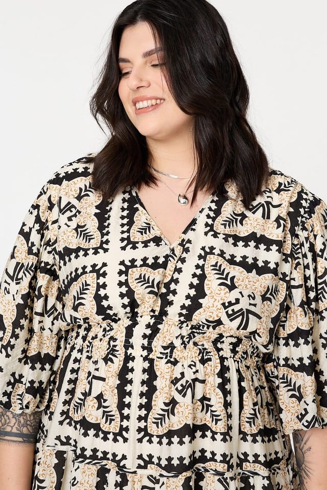 Izabel London Izabel London Women's Mosaic Print 1/2 Puff Sleeve Midi Dress in Black - 2
