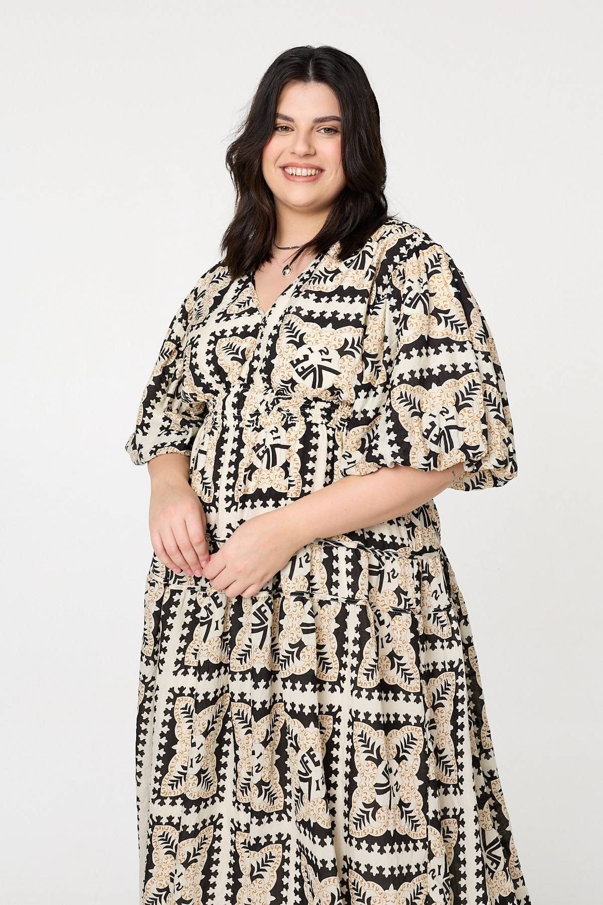 Izabel London Izabel London Women's Mosaic Print 1/2 Puff Sleeve Midi Dress in Black - 4