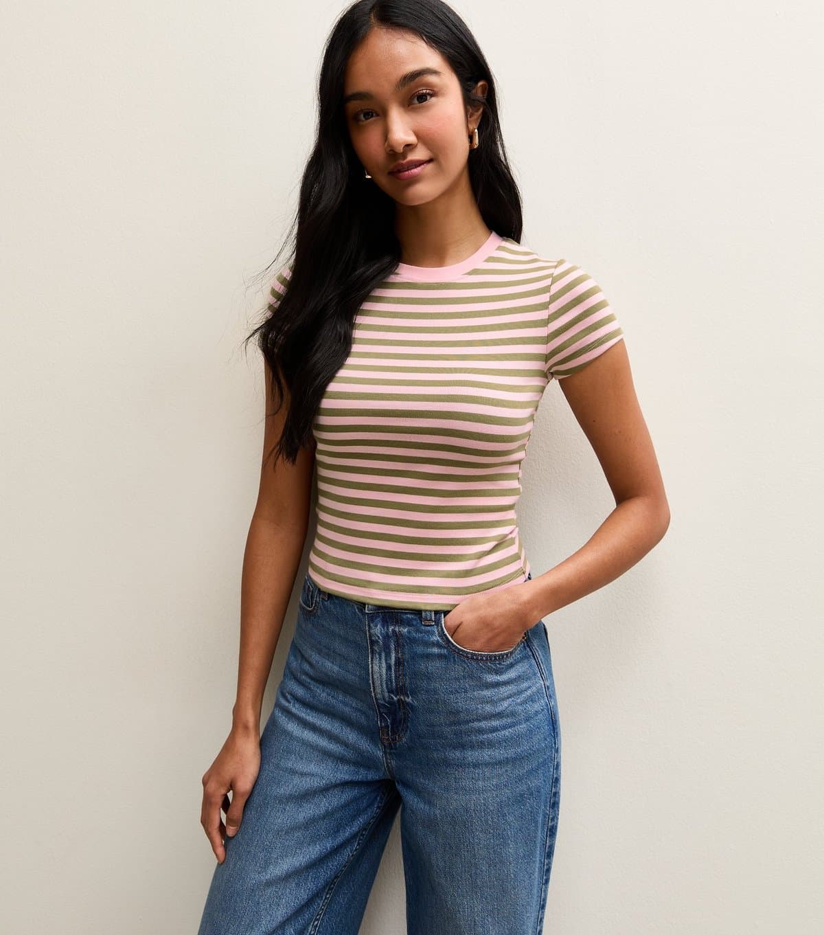 New Look Women's Green Striped Baby Tee T-Shirt New Look