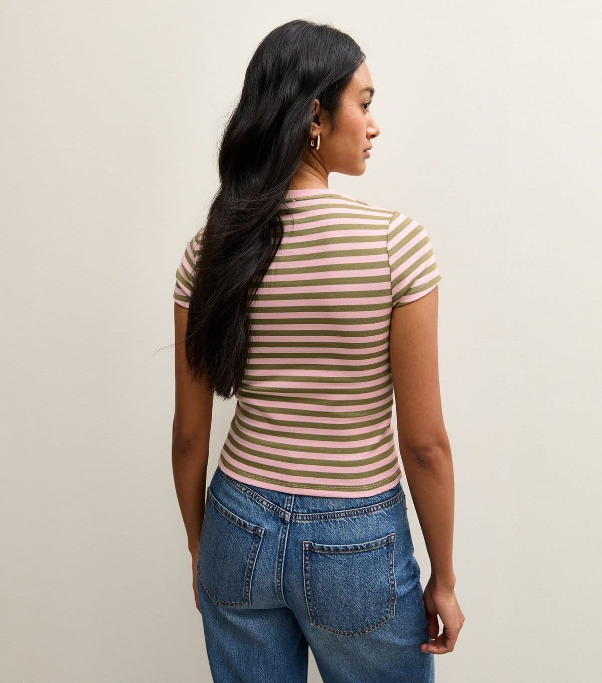 New Look Women's Green Striped Baby Tee T-Shirt New Look - 4