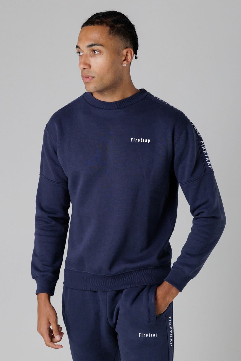 Firetrap Firetrap Navy Brushed Fleece Sweatshirt with Logo Strip Sleeves