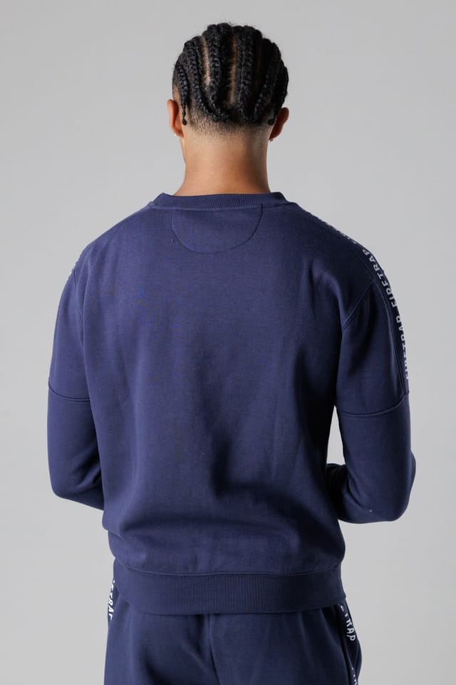 Firetrap Firetrap Men's Brushed Fleece Crew Neck Sweatshirt with Logo Strip Sleeves in Dark Navy - 2