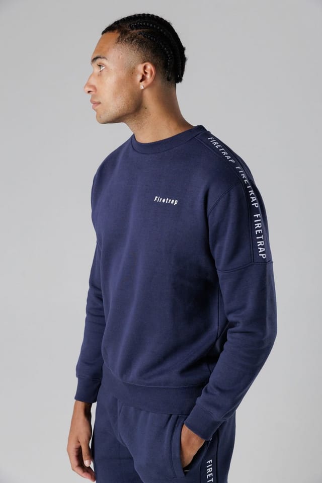 Firetrap Firetrap Men's Brushed Fleece Crew Neck Sweatshirt with Logo Strip Sleeves in Dark Navy - 3