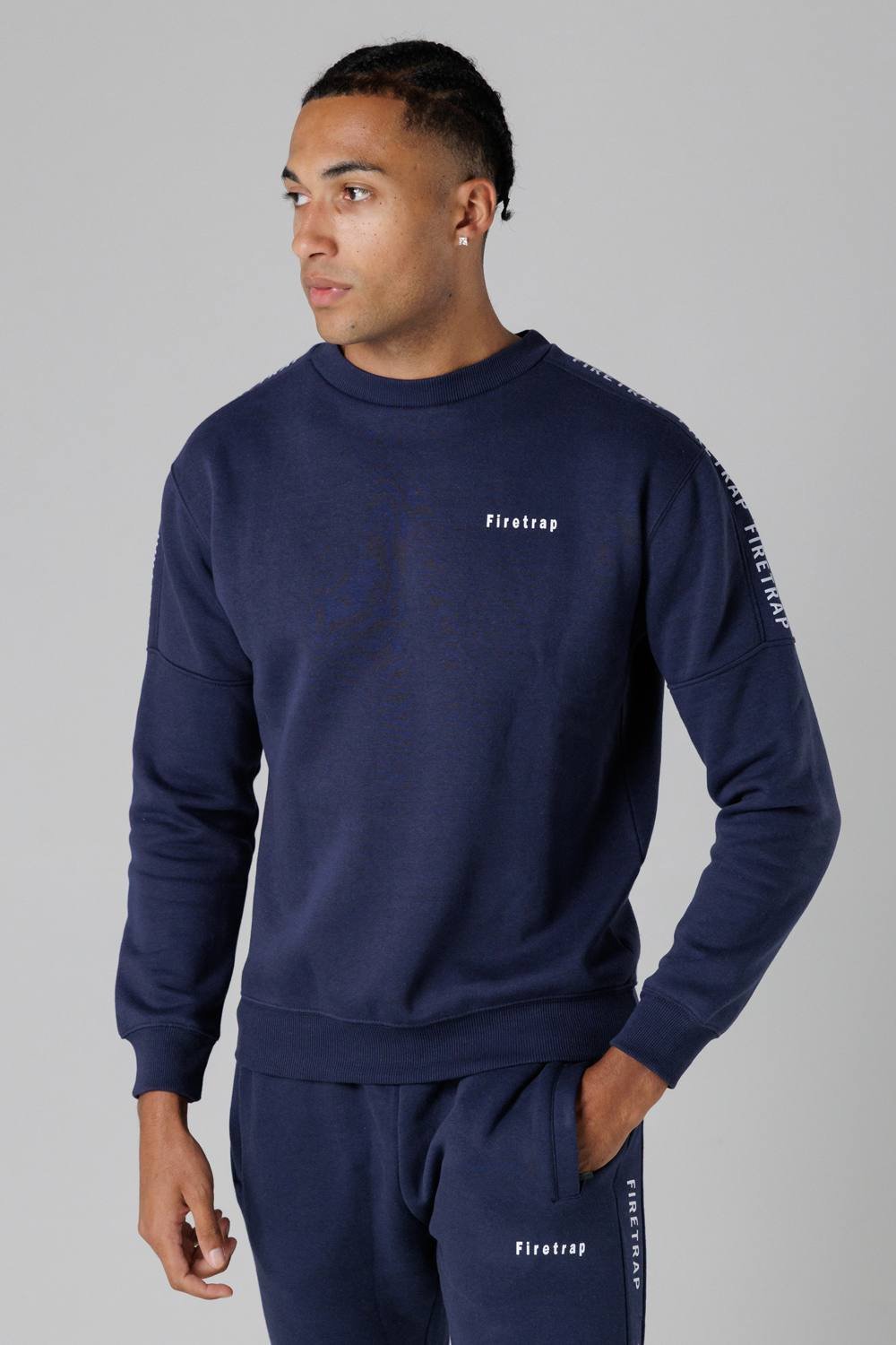 Firetrap Firetrap Men's Brushed Fleece Crew Neck Sweatshirt with Logo Strip Sleeves in Dark Navy - 4