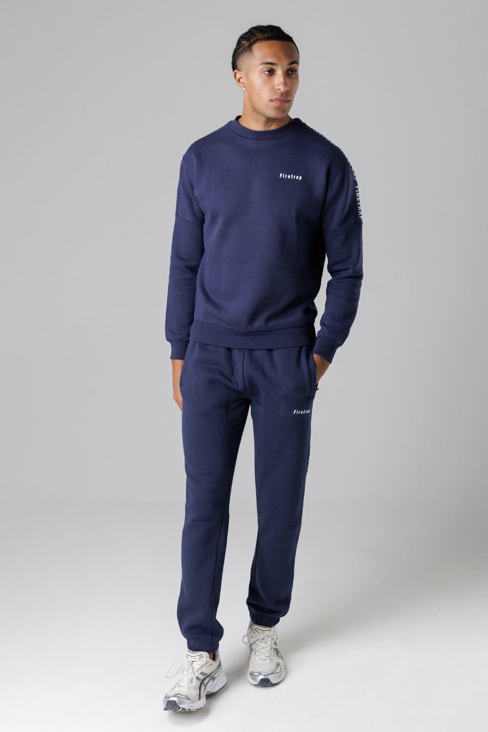 Firetrap Firetrap Men's Brushed Fleece Crew Neck Sweatshirt with Logo Strip Sleeves in Dark Navy - 4