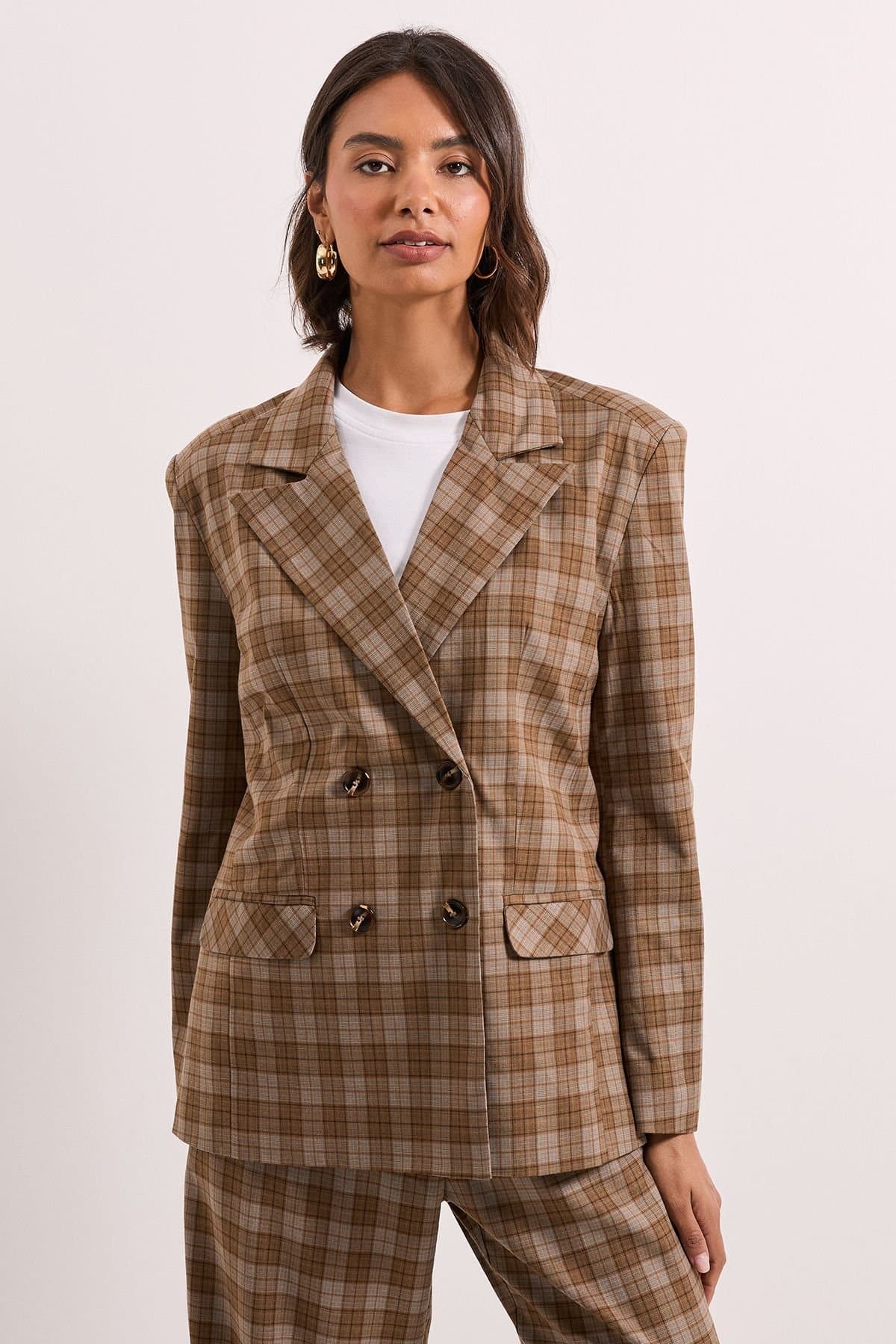 Dorothy Perkins Dorothy Perkins Women's Check Double Breasted Blazer in Brown