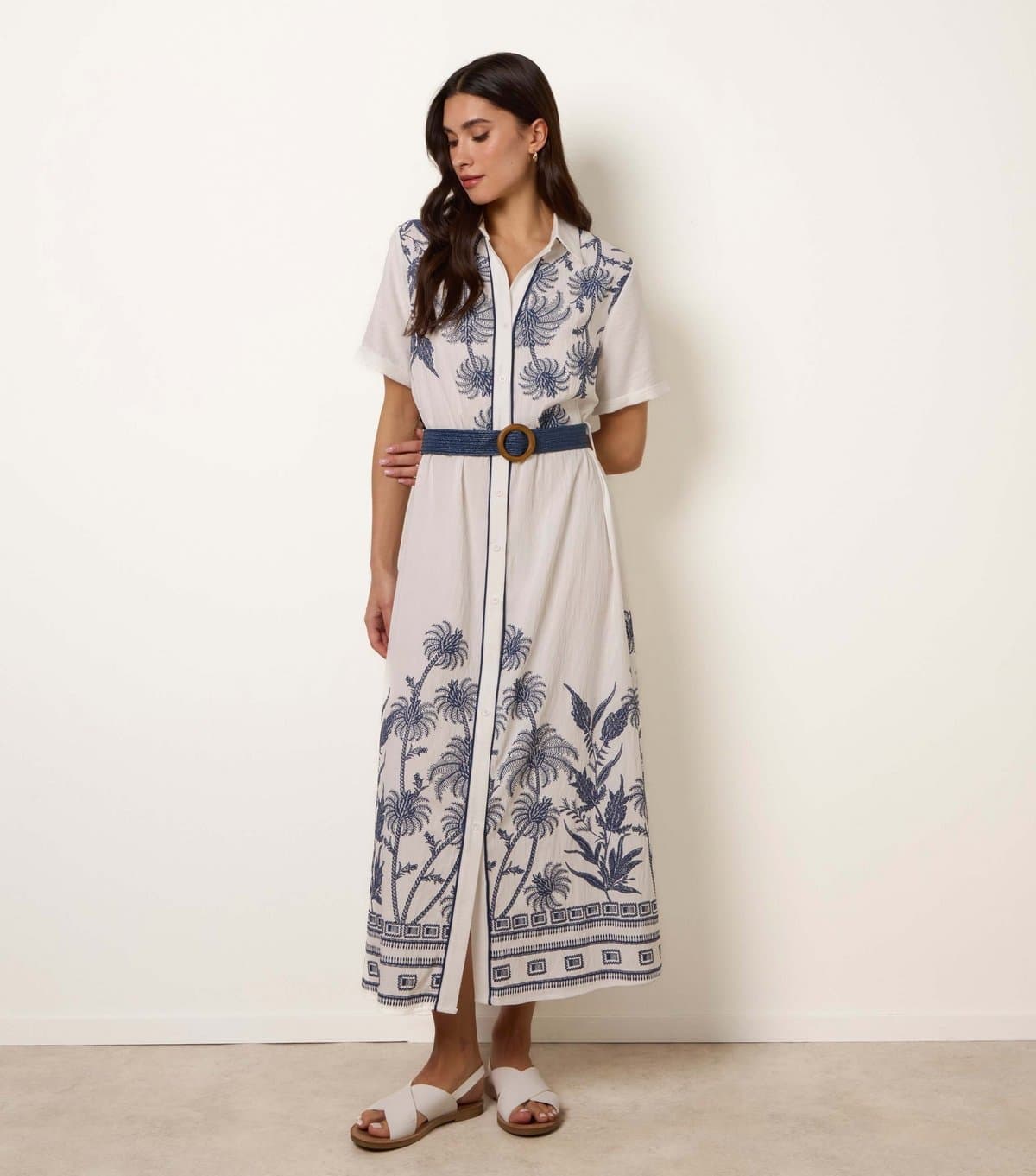 Blue Vanilla Women's White Embroidered Palm Dress Blue Vanilla New Look