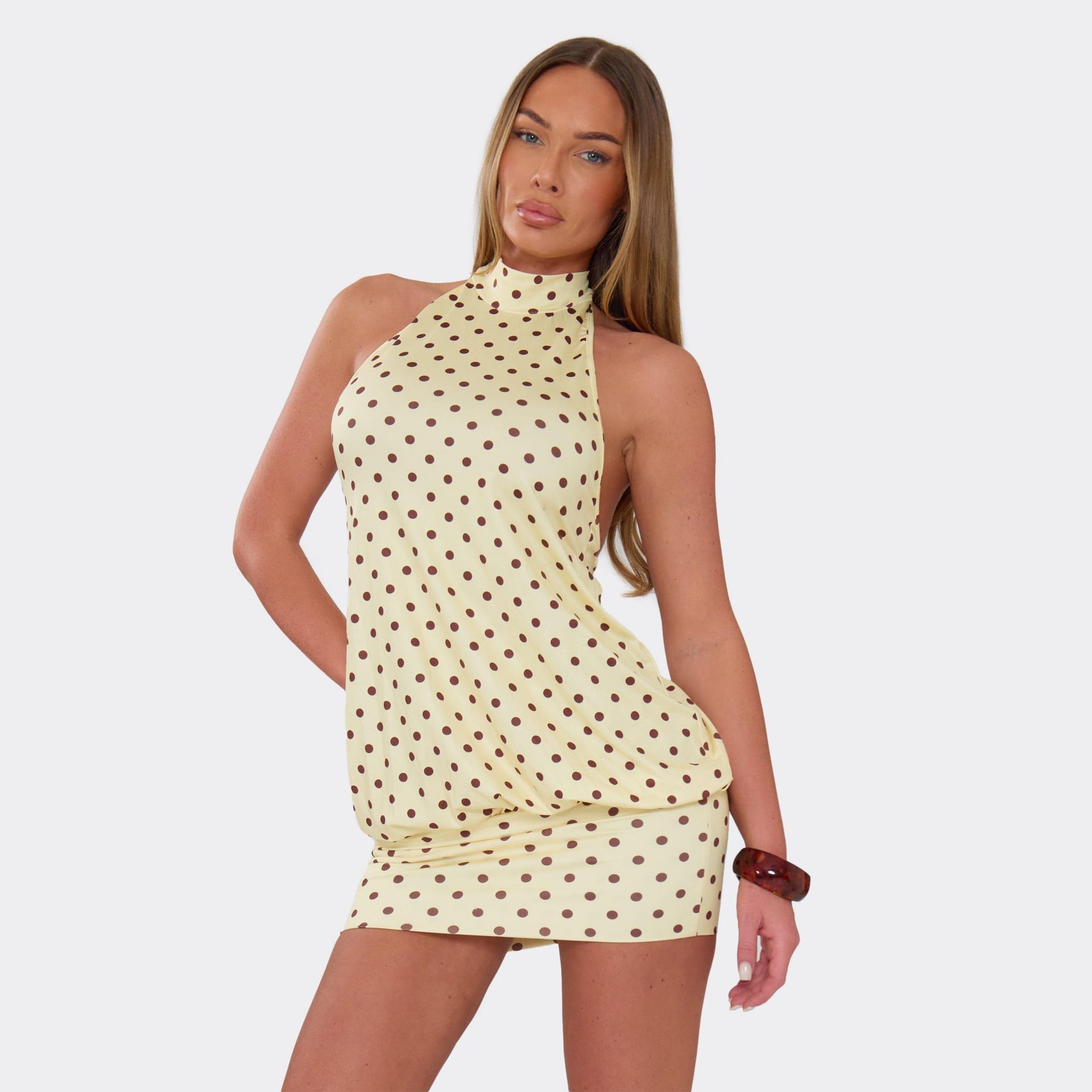 EGO Yellow Polka Dot High Neck Open Back Mini Dress