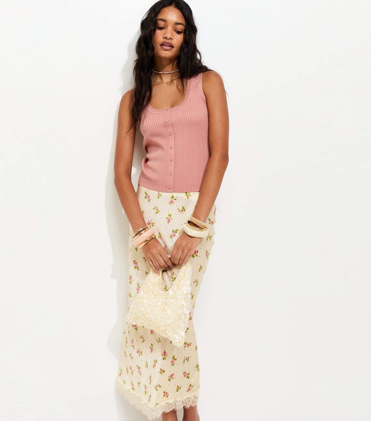 New Look Women's Cream Floral Print Lace Trim Midi Skirt New Look