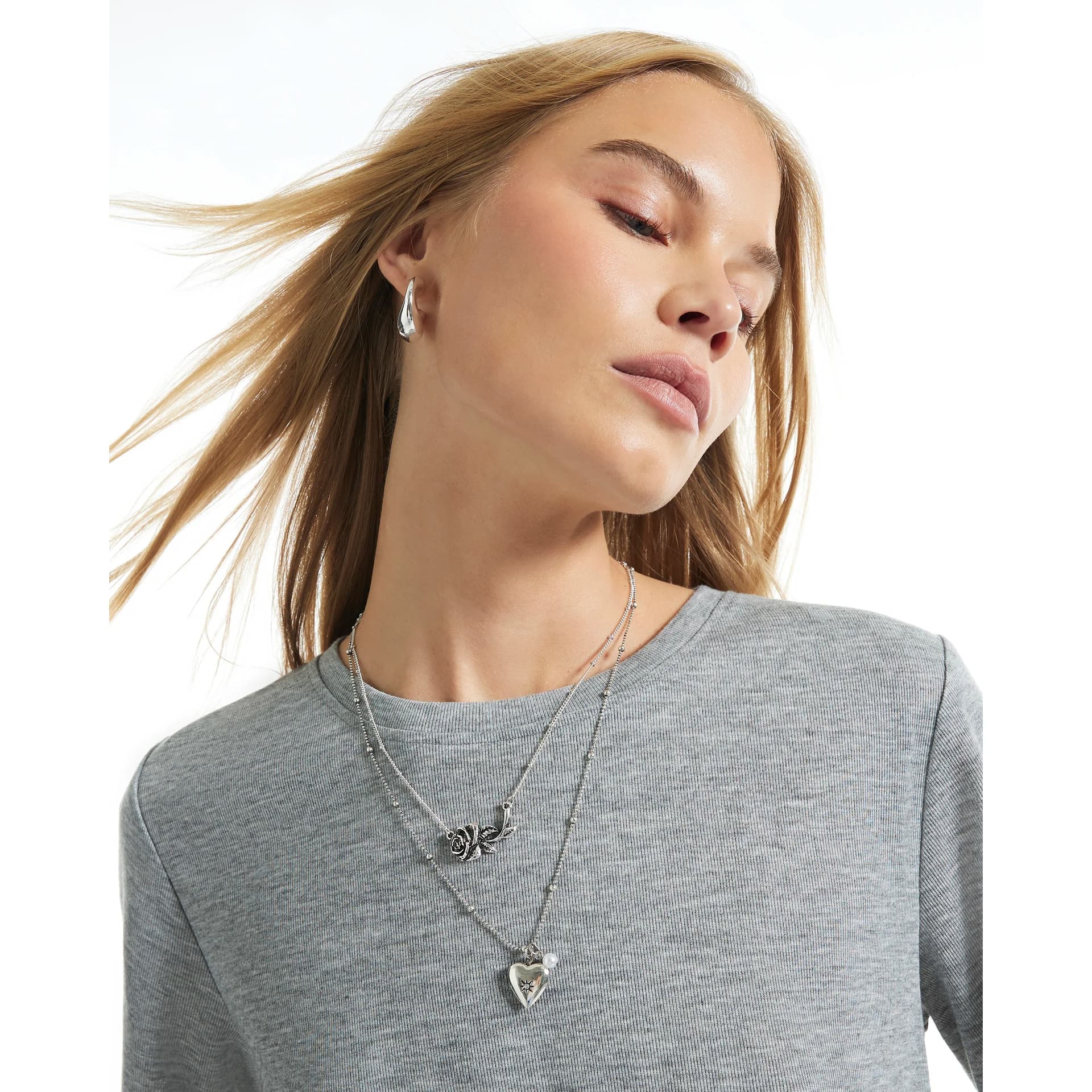 River Island River Island Womens Silver Locket And Rose Multirow Necklace