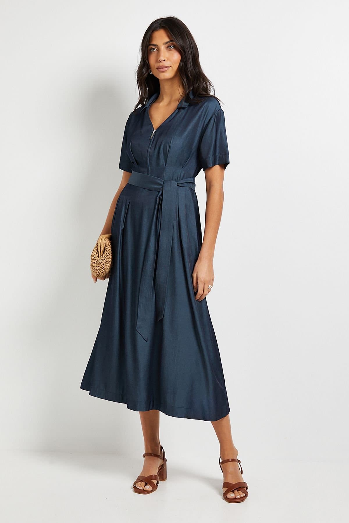 Wallis Wallis Women's Denim Look Zip Belted Midi Dress in Indigo
