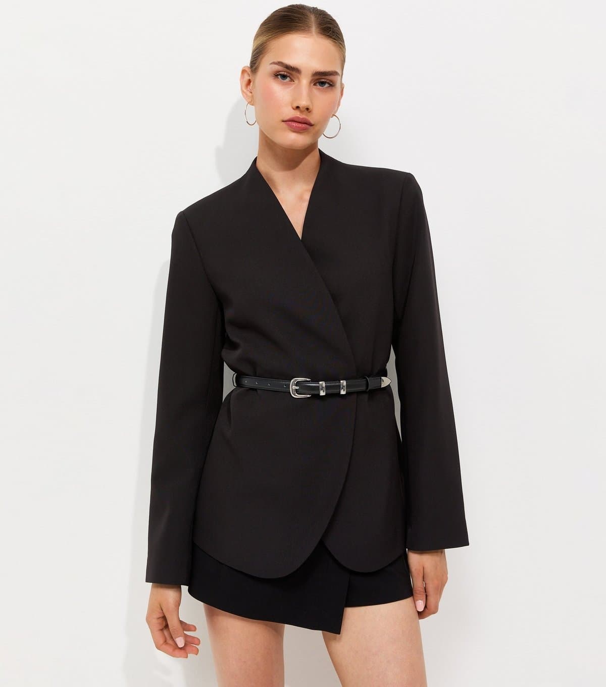 New Look Women's Black Collarless Belted Blazer New Look