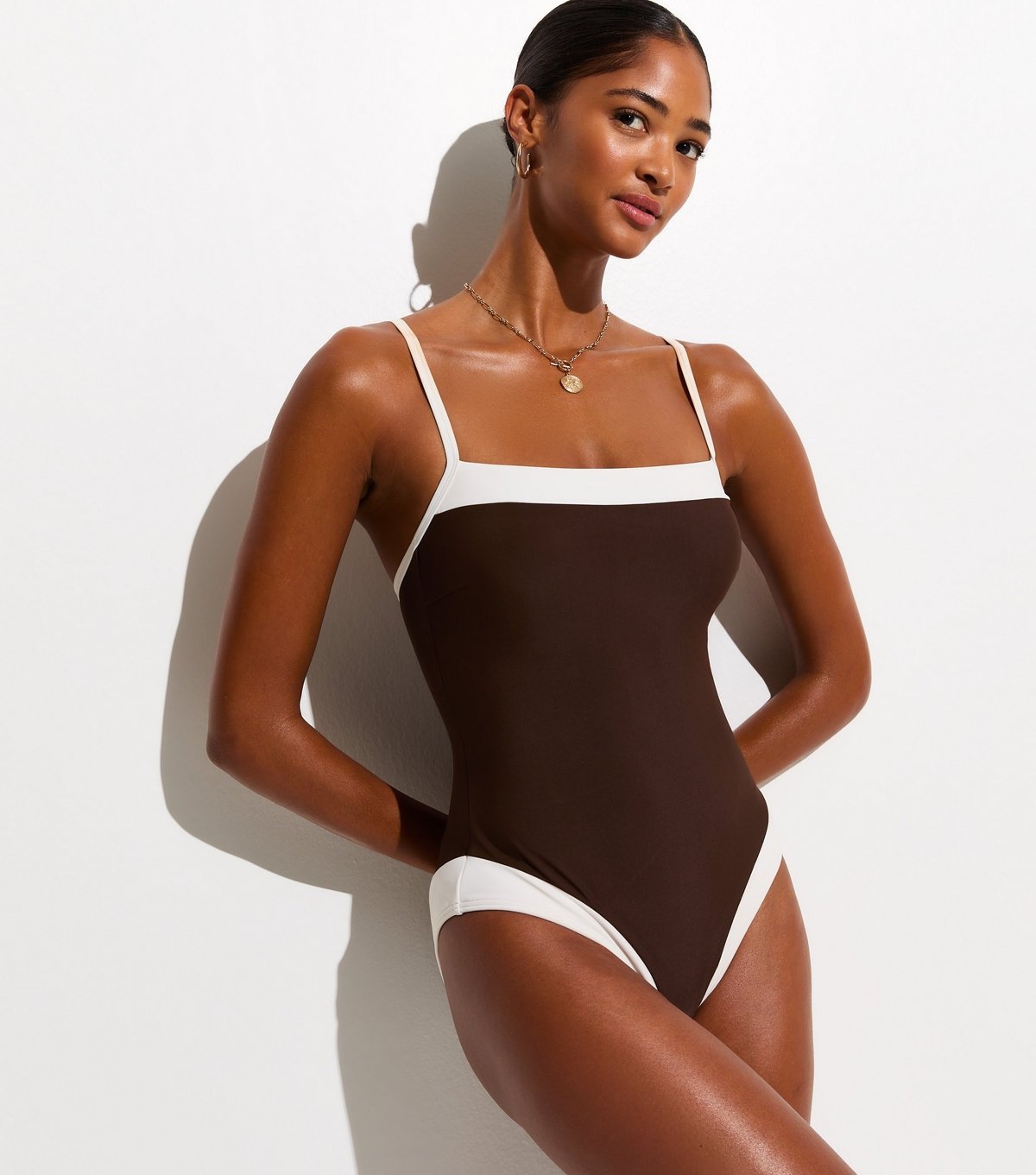 New Look Women's Mid Brown Contrast Trim Square Neck Swimsuit New Look - 1