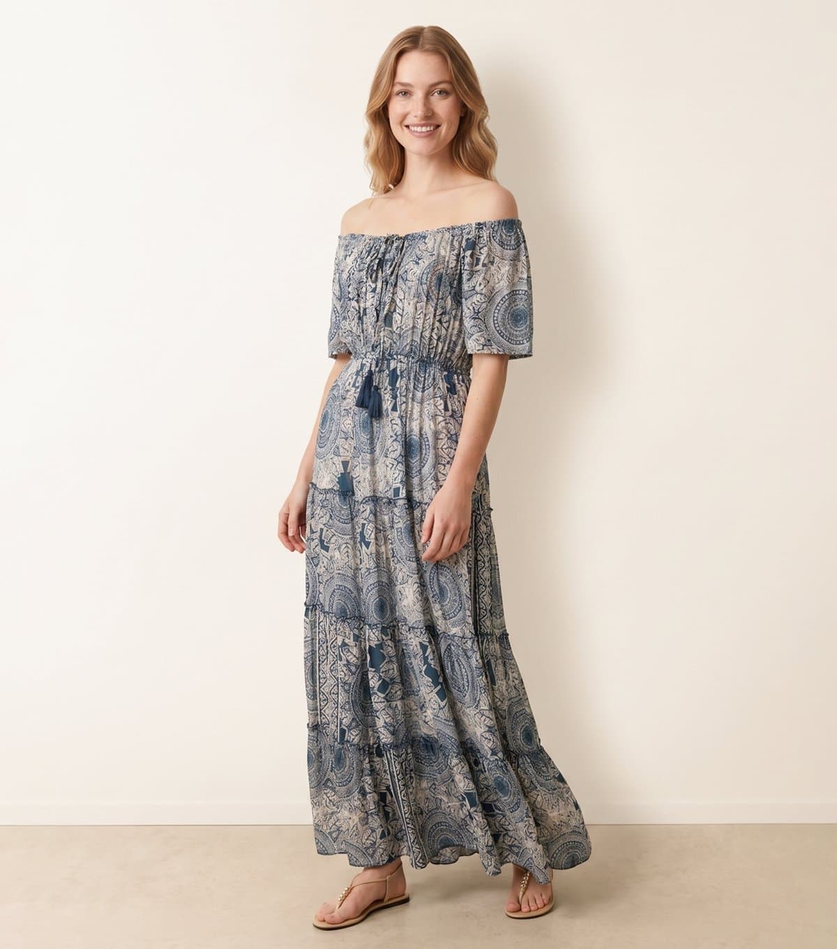 Blue Vanilla Women's Navy Tie Front Off The Shoulder Maxi Dress Blue Vanilla New Look