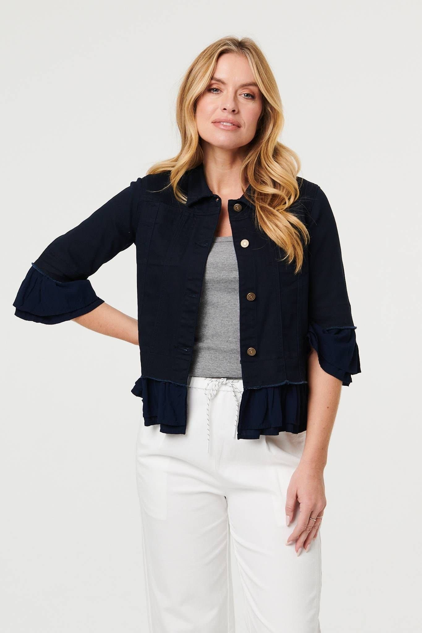 Izabel London Izabel London Women's Frilled Hem 3/4 Flare Sleeve Shirt in Navy