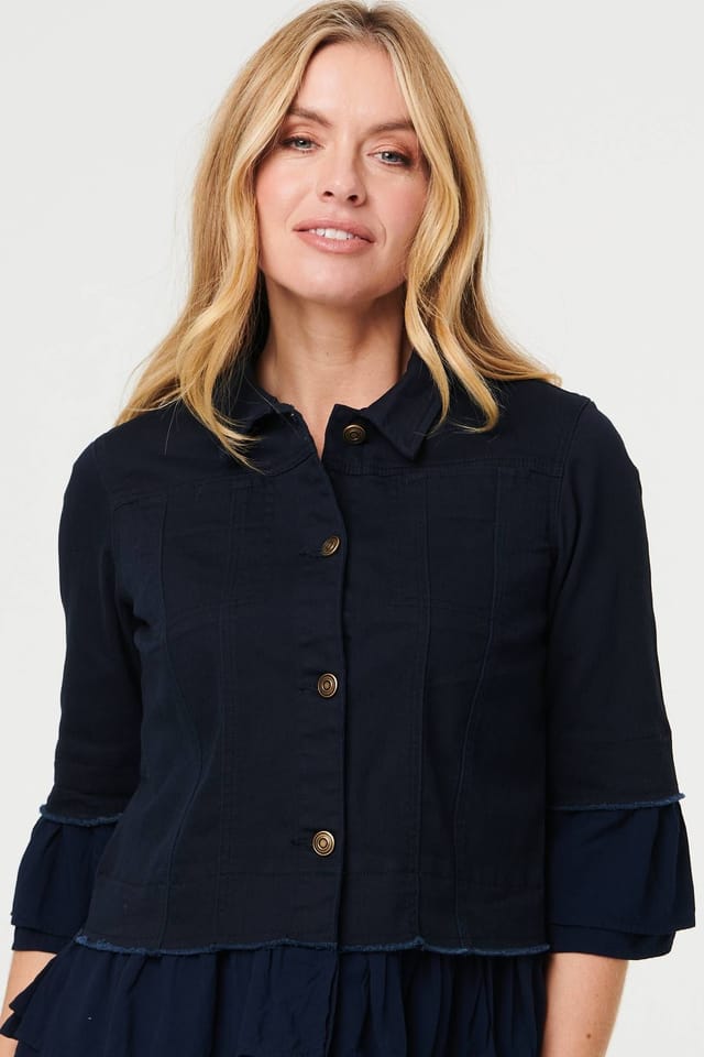 Izabel London Izabel London Women's Frilled Hem 3/4 Flare Sleeve Shirt in Navy - 2