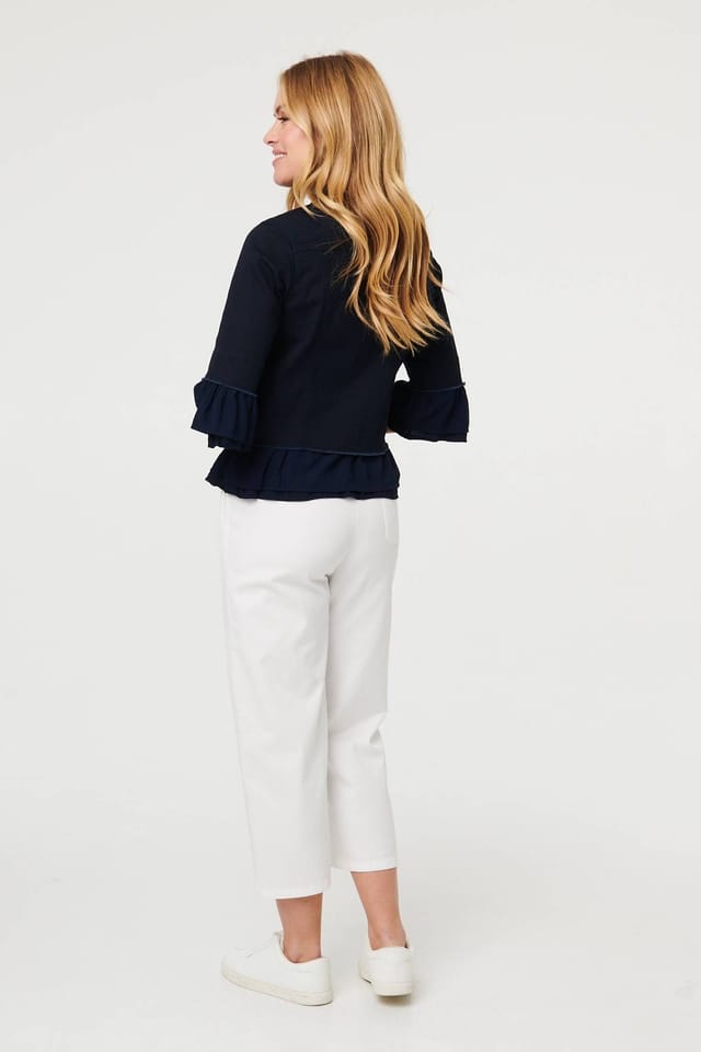 Izabel London Izabel London Women's Frilled Hem 3/4 Flare Sleeve Shirt in Navy - 3