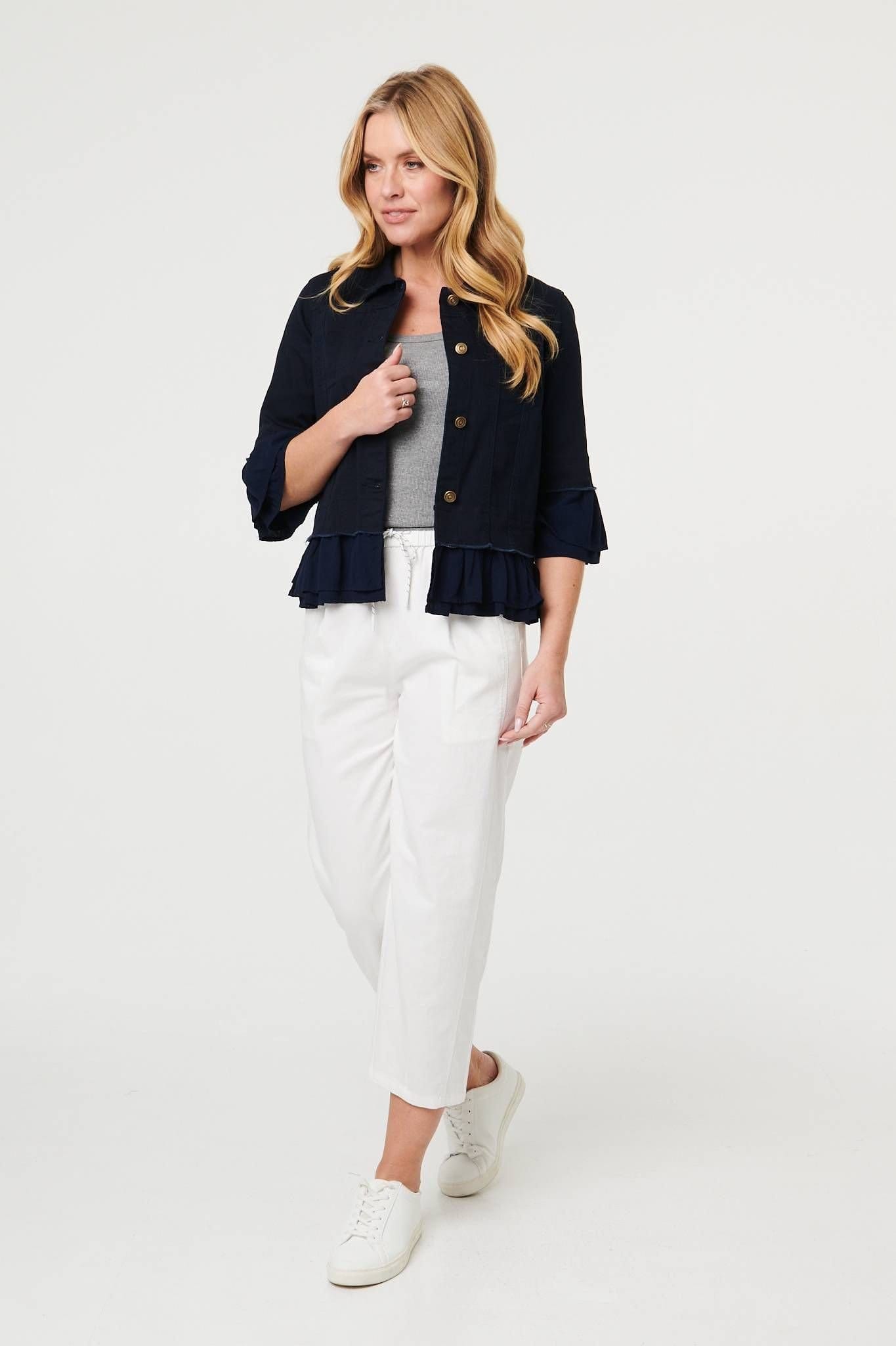 Izabel London Izabel London Women's Frilled Hem 3/4 Flare Sleeve Shirt in Navy - 4