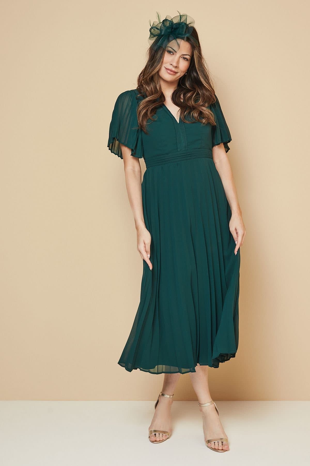 Wallis Wallis Women's Chiffon Pleated Sleeve Midi Dress in Green