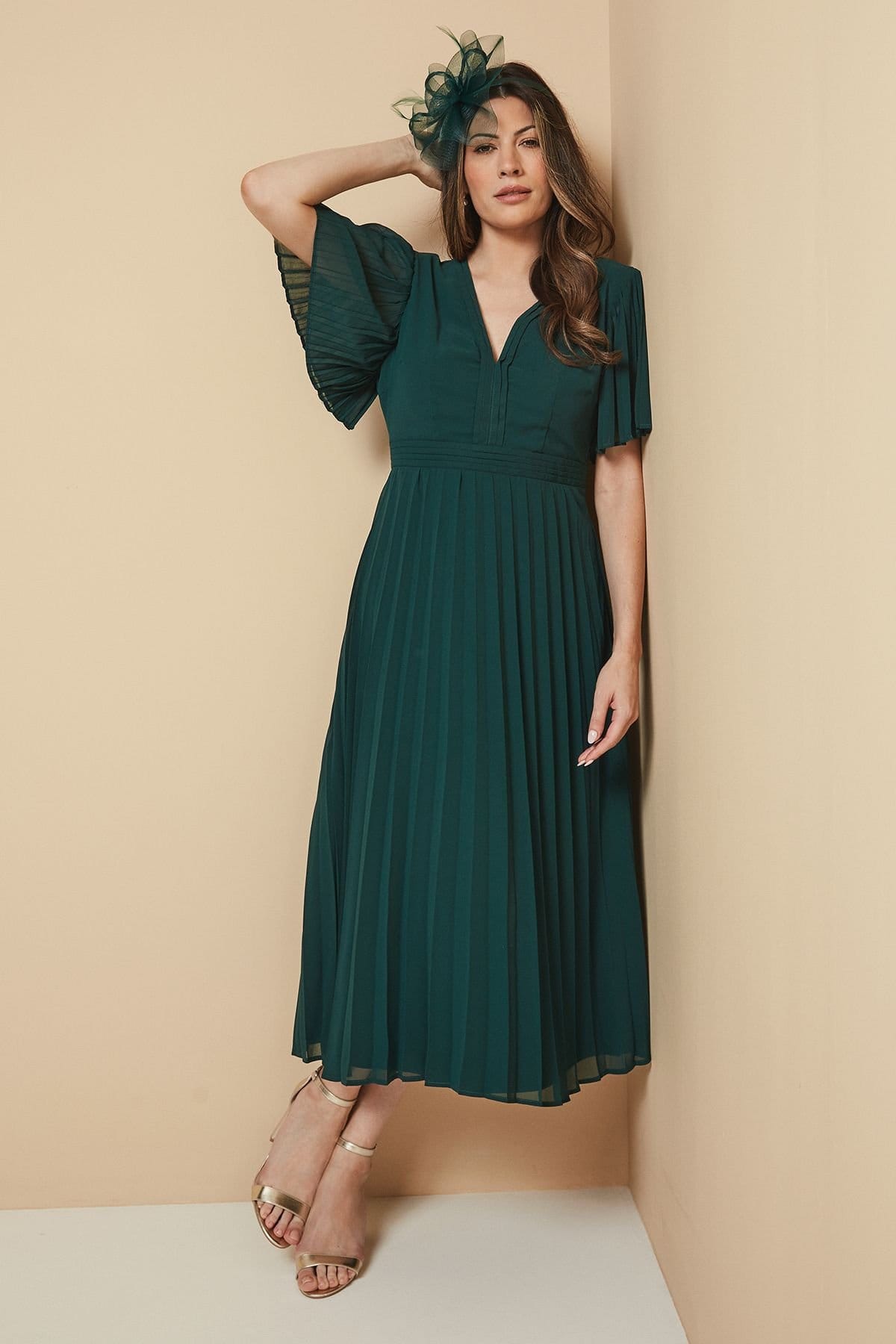 Wallis Wallis Women's Chiffon Pleated Sleeve Midi Dress in Green - 4