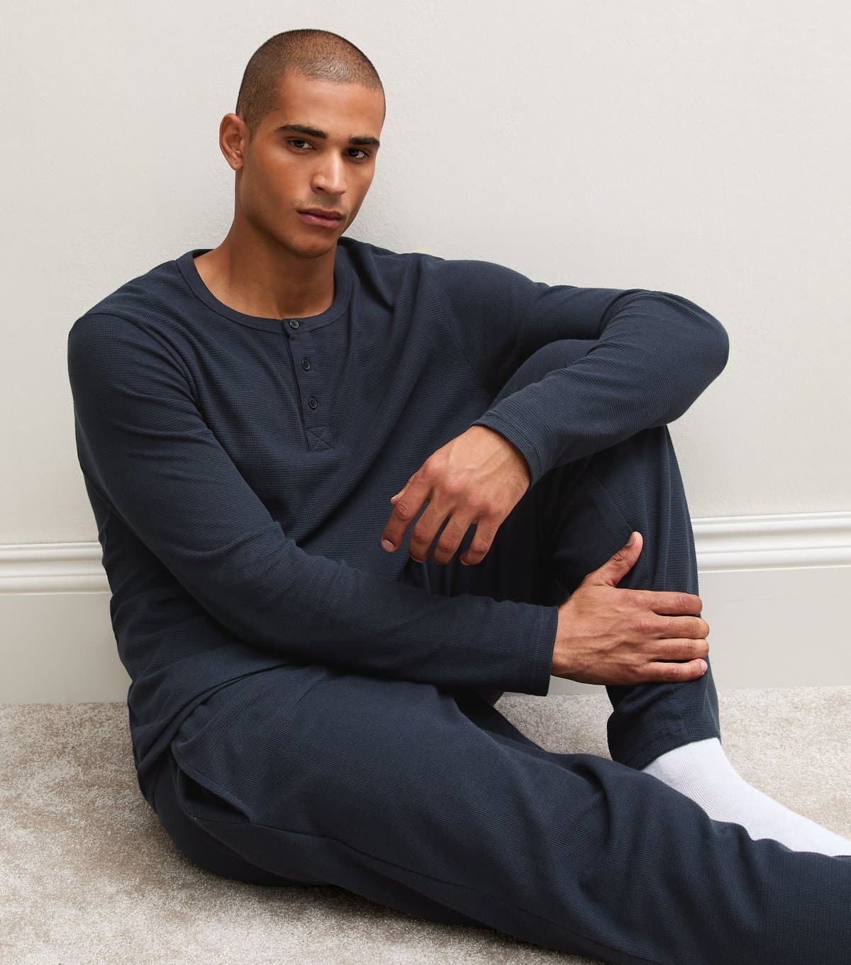 New Look Men's Navy Cotton Rich Waffle Henley Long Sleeve Top And Bottoms Pyjama Set New Look