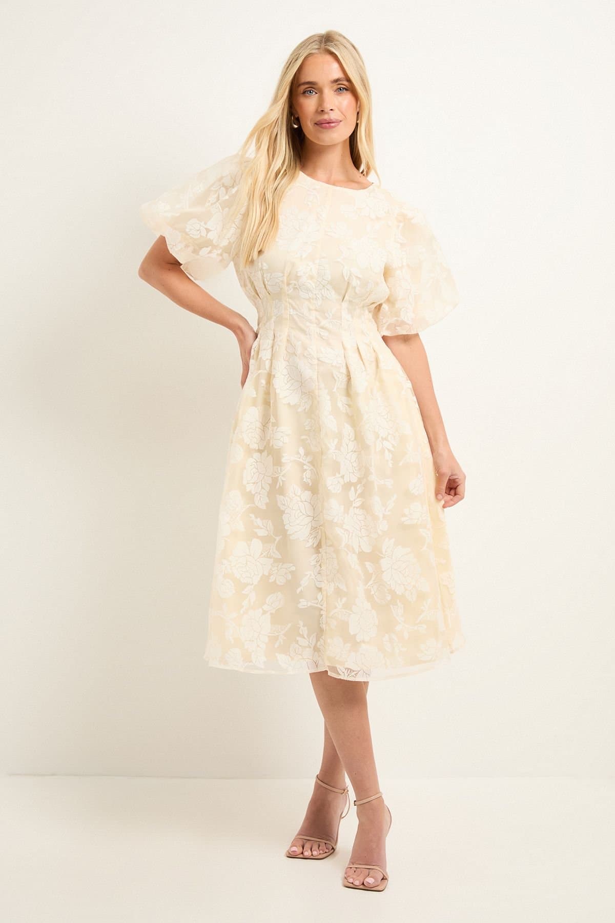 Wallis Wallis Women's Petite Floral Burn Out Puff Sleeve Midi Dress in Yellow