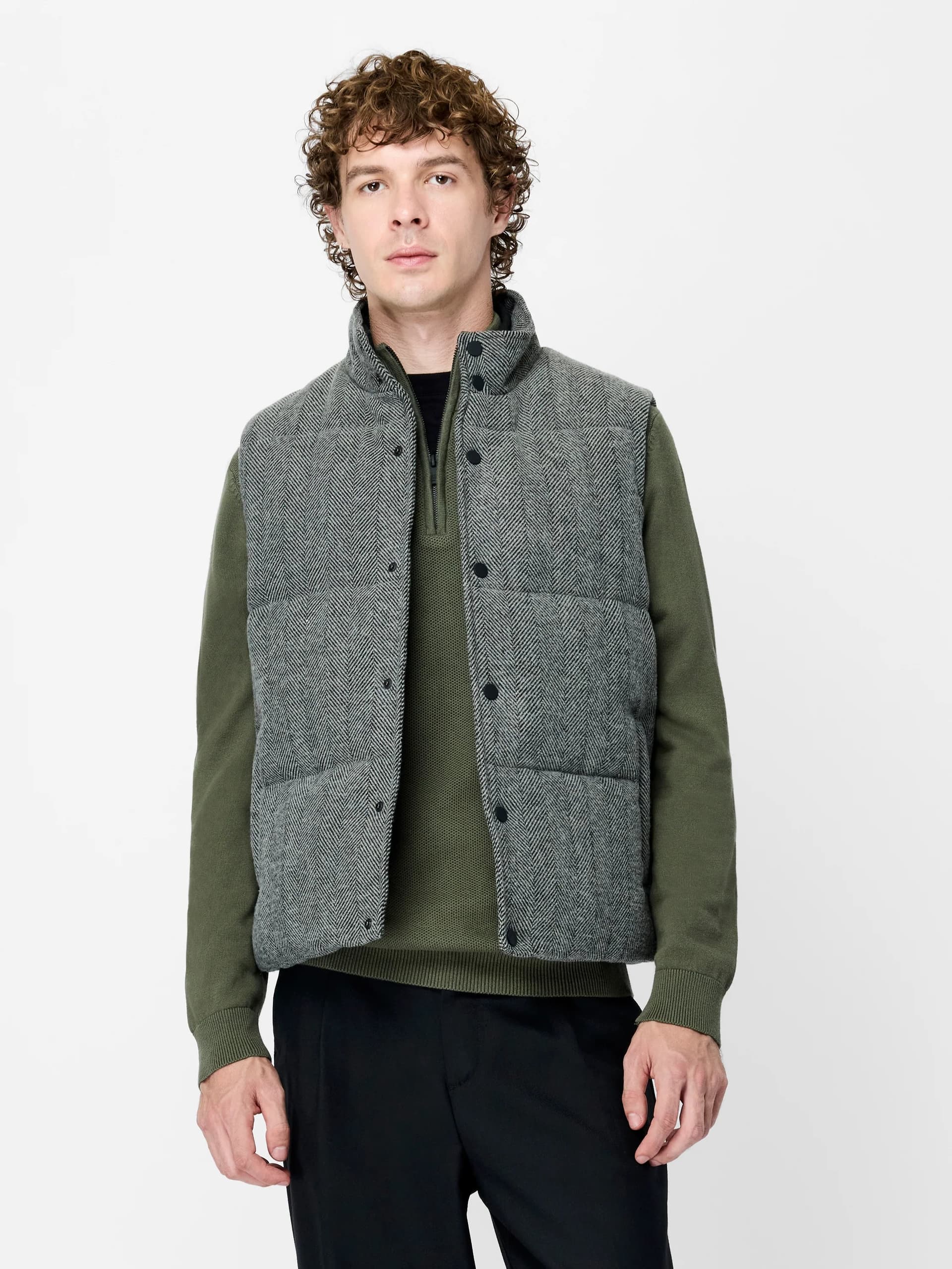 French Connection Grey Herringbone Padded Gilet Black / Grey