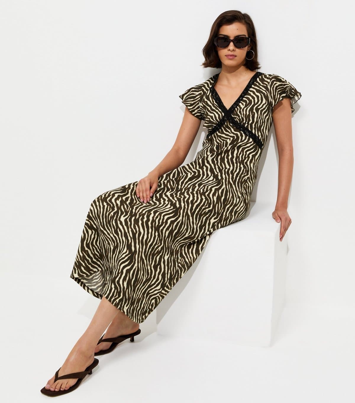 New Look Women's Brown Zebra Print Flutter Sleeve Midi Dress New Look