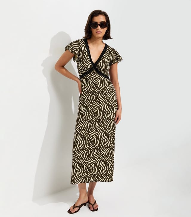 New Look Women's Brown Zebra Print Flutter Sleeve Midi Dress New Look - 2
