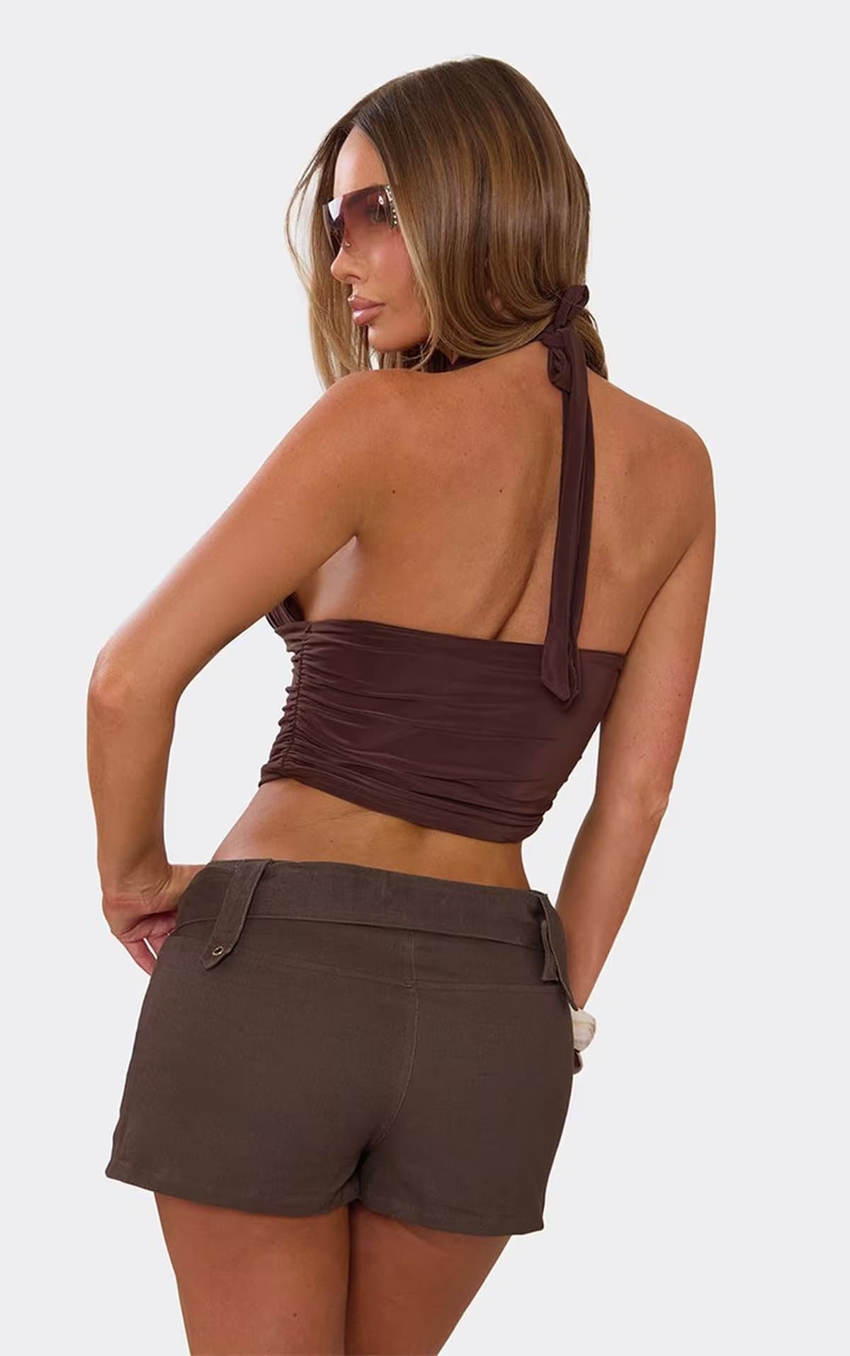 EGO Mid Rise Eyelet Belt Detail Shorts In Brown, Women's Size UK 6
