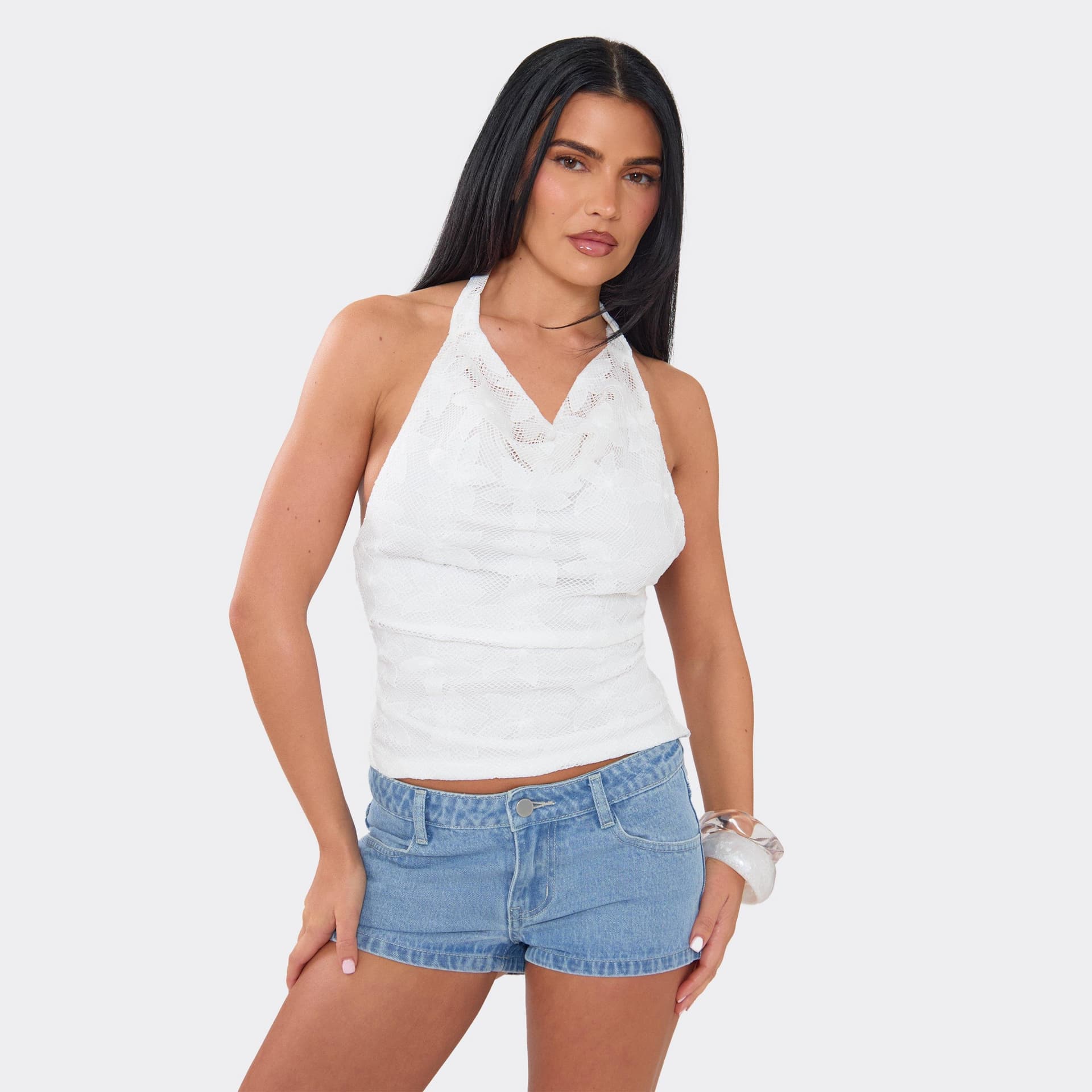EGO High Neck Halterneck Top In White Lace, Women's Size UK 6
