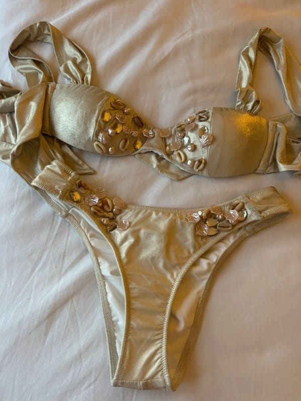 ASOS Luxe Pearl Bikini in Gold and White