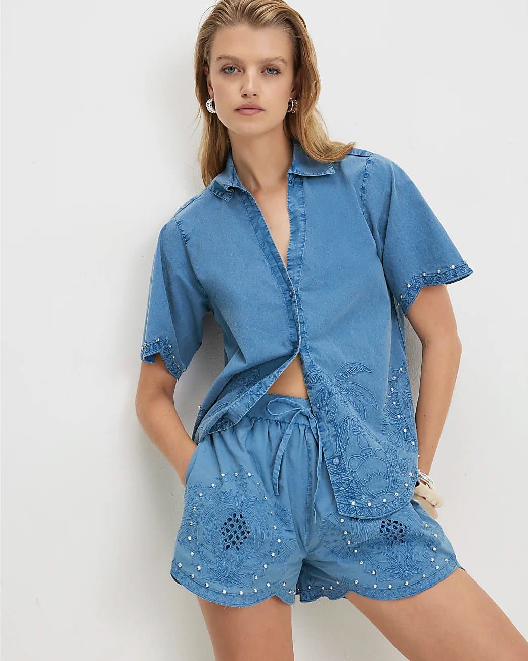 River Island River Island Womens Blue Cotton Chambray Broderie Studded Shorts